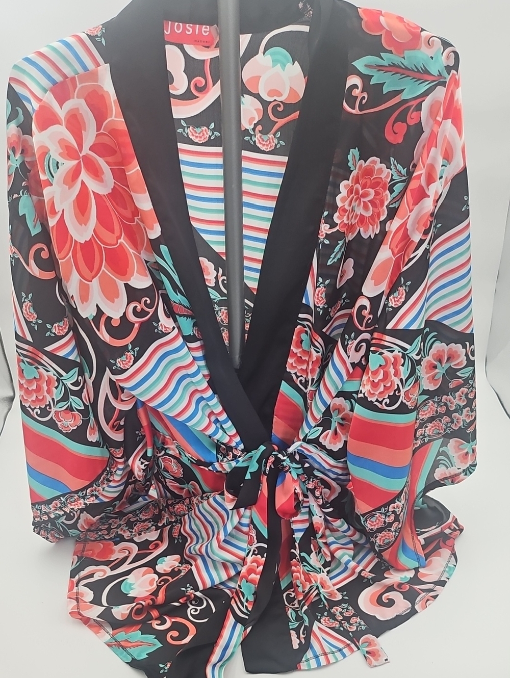 Josie by Natori Womens Red Black Floral & Geometric Kimono Robe Large